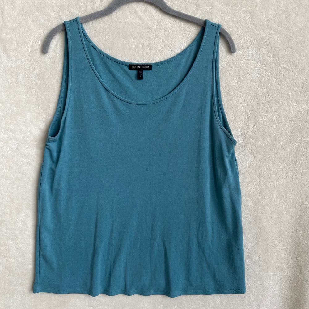 Eileen Fisher Stretch Silk Jersey Scoop Neck Tank Top Dusty Teal Blue XL